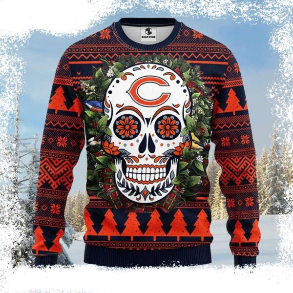 NFL Chicago Bears Ugly Christmas Sweater – Logo Print With Skull Flower - available at - rugbyfanstore.com