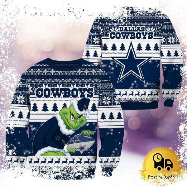 NFL Dallas Cowboys Grinch Custom Name Ugly Christmas Sweater - available at - rugbyfanstore.com