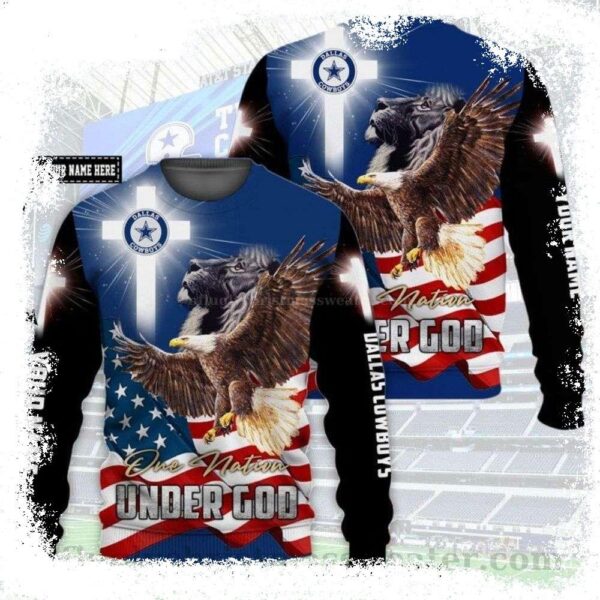 NFL Dallas Cowboys Lion Eagle One Nation Under God – Custom Name Ugly Christmas Sweater - available at - rugbyfanstore.com