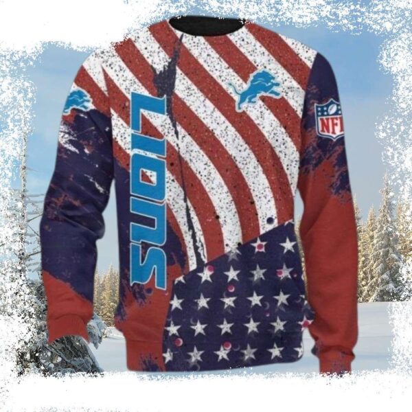 NFL Detroit Lions Logo Print American Flag Ugly Christmas Sweater - available at - rugbyfanstore.com