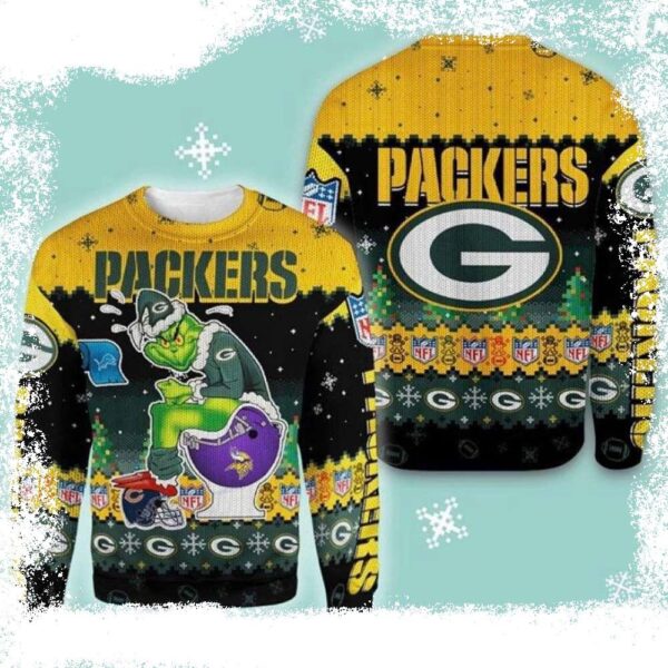 NFL Green Bay Packers Grinch Sits On Packers Toilet Helmet 3D Ugly Sweater - available at - rugbyfanstore.com