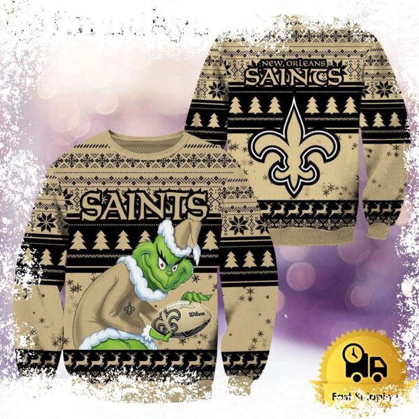 NFL New Orleans Saints Grinch Custom Name Ugly Christmas Sweater - available at - rugbyfanstore.com