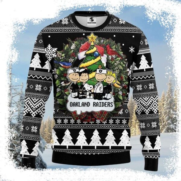 NFL Oakland Raiders Snoopy Dog And Pine Tree Christmas Ugly Sweater – A Unique Gift - available at - rugbyfanstore.com