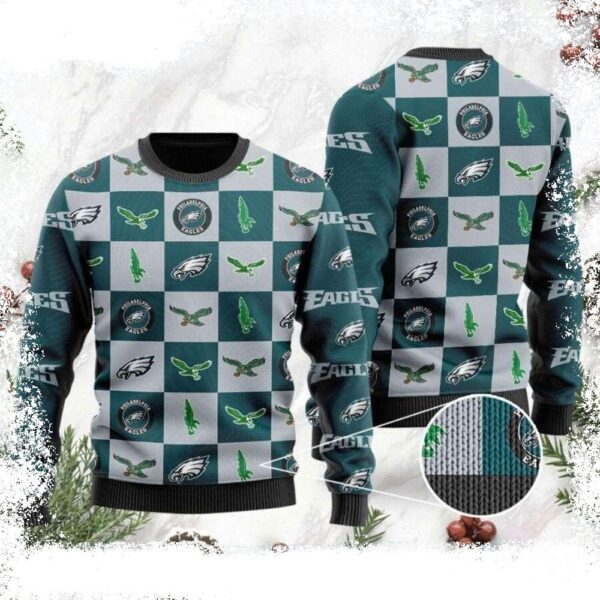 NFL Philadelphia Eagles Logo Checkered Flannel Design Men’s Eagles Christmas Sweater - available at - rugbyfanstore.com