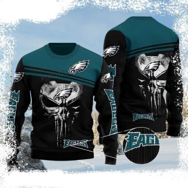 NFL Philadelphia Eagles Punisher Skull Men’s Christmas Sweater - available at - rugbyfanstore.com