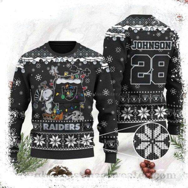 NFL Raiders Fans Snoopy Ugly Christmas Sweater – Custom Name And Number Edition - available at - rugbyfanstore.com