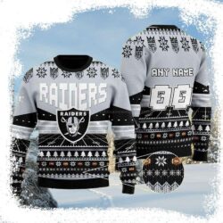 NFL Raiders Ugly Christmas Sweater Pine Tree And Snowflakes – Custom Name And Number - available at - rugbyfanstore.com