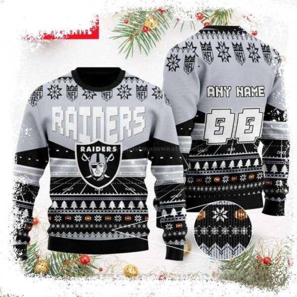 NFL Ugly Christmas Sweater with Raiders Logo Print – Perfect Gift for Him – Custom Name And Number Edition - available at - rugbyfanstore.com