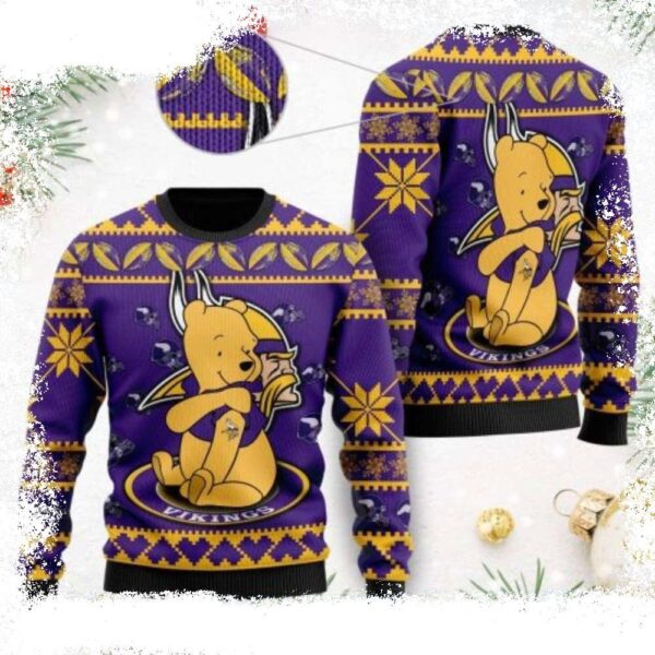 NFL Vikings Christmas Sweater – Cute Winnie The Pooh Bear Logo Design - available at - rugbyfanstore.com