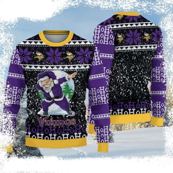 NFL Vikings Christmas Sweater – Logo Print With Dabbing Santa Pattern - available at - rugbyfanstore.com