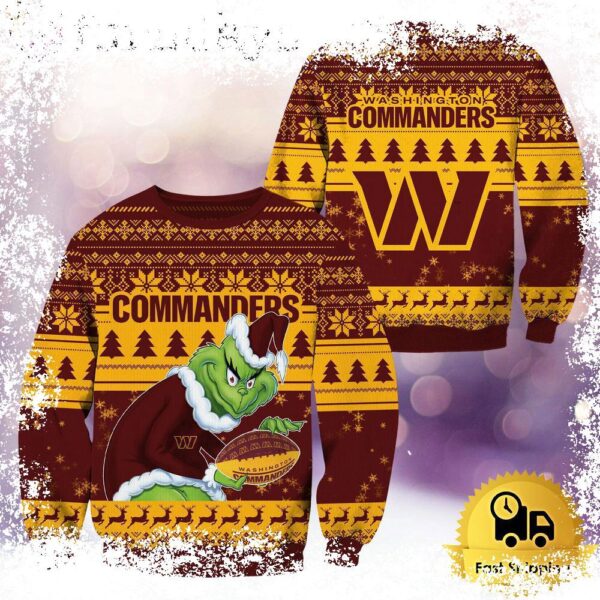 NFL Washington Commanders Grinch Custom Name Ugly Christmas Sweater - available at - rugbyfanstore.com