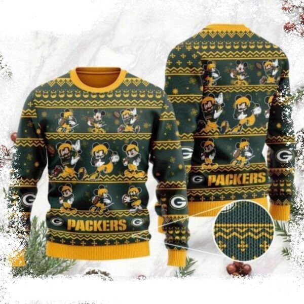 Packers Christmas Sweater With Whimsical Mickey Mouse Holiday Party Design - available at - rugbyfanstore.com