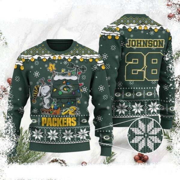 Personalized Green Bay Packers Snoopy Ugly Christmas Sweater For Fans - available at - rugbyfanstore.com