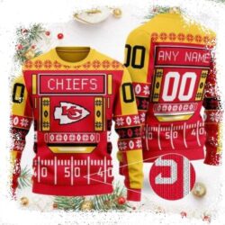 Personalized Kansas City Chiefs Ugly Christmas Sweater With Stadium Motifs - available at - rugbyfanstore.com