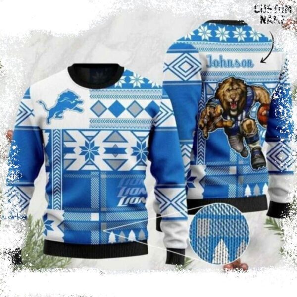 Personalized Lions Ugly Christmas Sweater – Custom Name And Fan Gifts - available at - rugbyfanstore.com