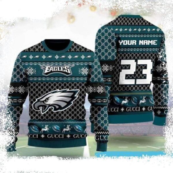 Philadelphia Eagles Gucci Pattern – Custom Name And Number Ugly Christmas Sweater - available at - rugbyfanstore.com