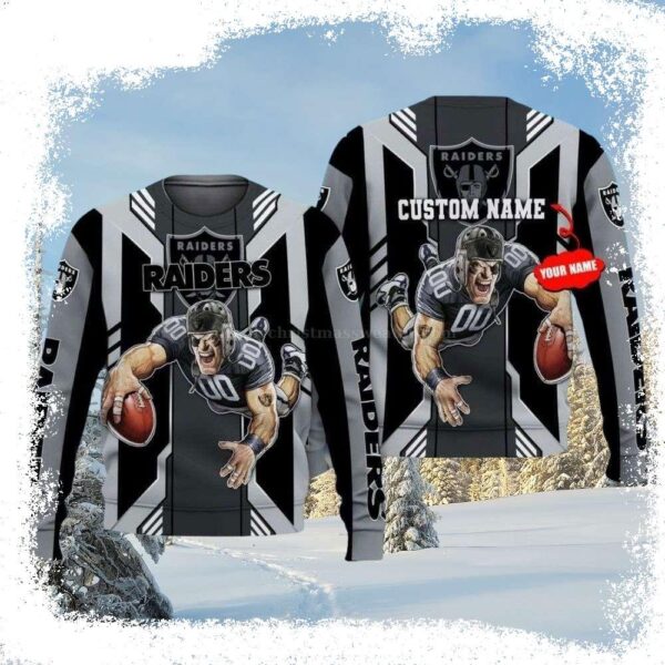 Players Holding The Football Las Vegas Raiders Ugly Christmas Sweater – Custom Name Edition - available at - rugbyfanstore.com