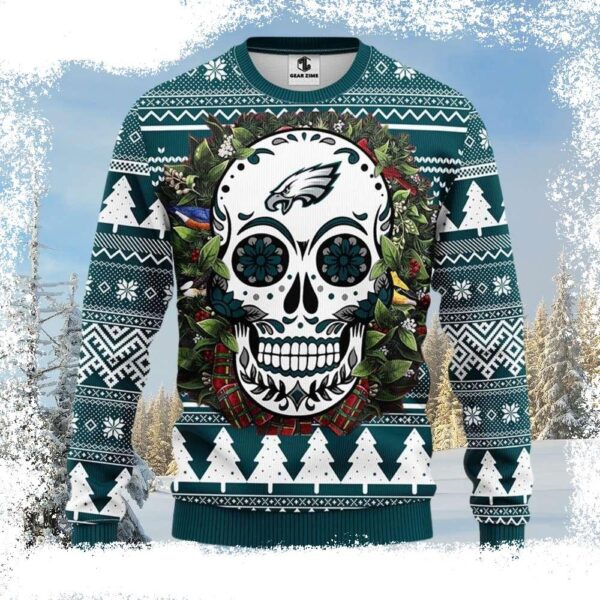 Skull Flower – NFL Philadelphia Eagles Logo – Men’s Eagles Christmas Sweater - available at - rugbyfanstore.com