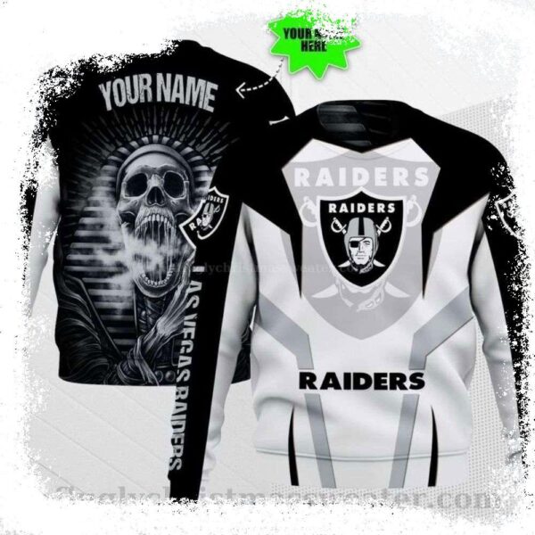 Skull Las Vegas Raiders Ugly Christmas Sweater – Personalized With Your Name - available at - rugbyfanstore.com