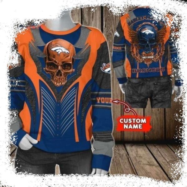 Skull Orange Blue Graphic Denver Broncos Personalized Ugly Christmas Sweater - available at - rugbyfanstore.com