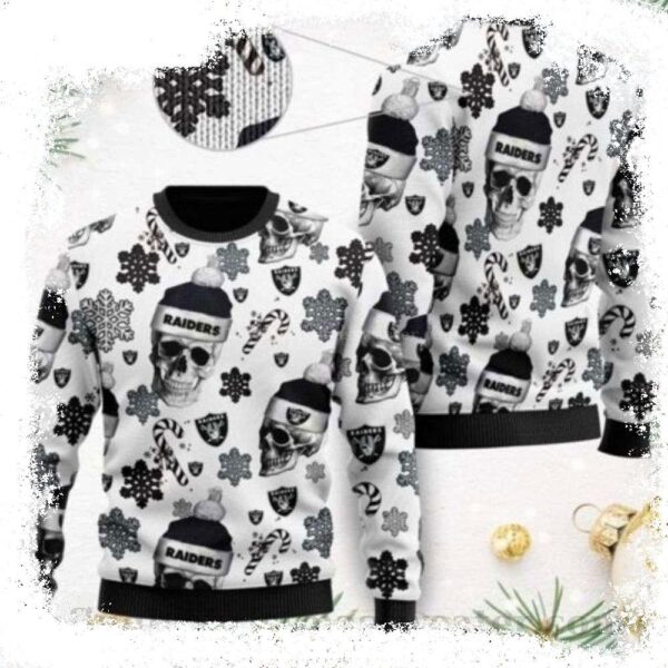 Skull Wearing Santa Hat Las Vegas Raiders Ugly Christmas Sweater – A Perfect Gift For Him - available at - rugbyfanstore.com