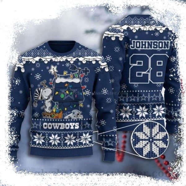 Snoopy And House Dallas Cowboys Ugly Christmas Sweater – Custom Name And Number - available at - rugbyfanstore.com