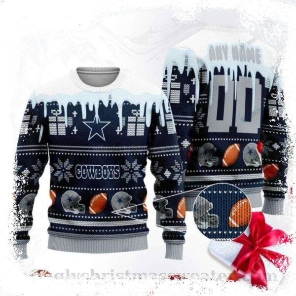 Snowflake And Gift Box Dallas Cowboys Ugly Christmas Sweater for Him – Personalized - available at - rugbyfanstore.com