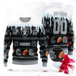 Snowflakes and Footballs Raiders Ugly Christmas Sweater – Custom Name and Numbers - available at - rugbyfanstore.com