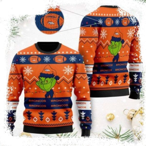 Spread Holiday Cheer With Denver Broncos – Cute Grinch Ugly Sweater - available at - rugbyfanstore.com