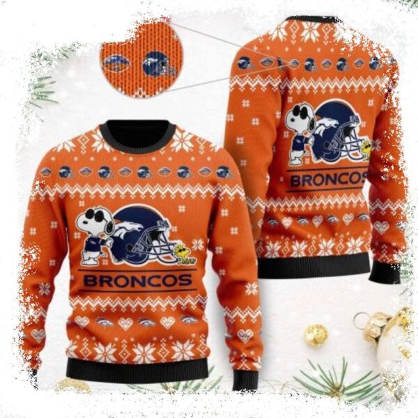 The Snoopy Show Football Helmet Denver Broncos Ugly Christmas Sweater - available at - rugbyfanstore.com