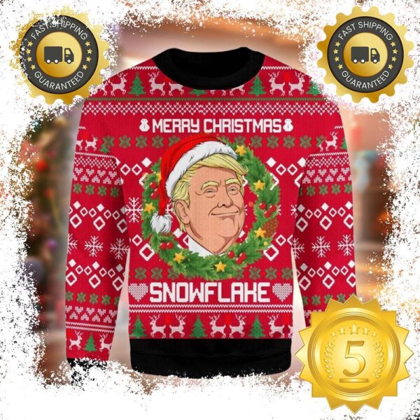 Trump Ugly Sweater Merry Christmas Snowflake Funny Laurel Wreath Gift For Family Ugly Christmas Sweater - available at - rugbyfanstore.com