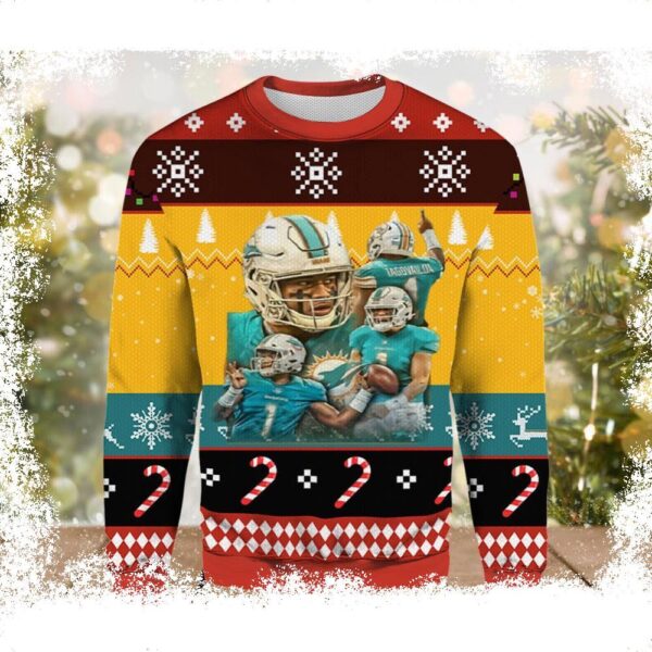 Tua Tagovailoa Dolphins Christmas Ugly Sweater - available at - rugbyfanstore.com