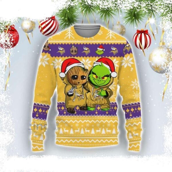 Vikings Christmas Sweater – Baby Groot And Grinch Design – Festive Logo - available at - rugbyfanstore.com