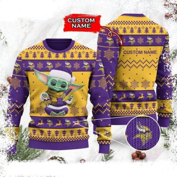 Vikings Christmas Sweater – Baby Yoda Graphics And Festive Design - available at - rugbyfanstore.com