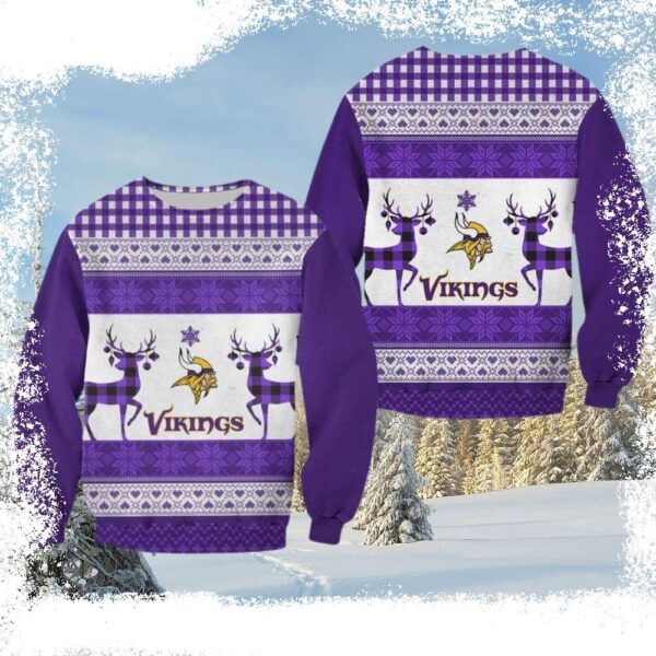 Vikings Christmas Sweater – Logo Print With Playful Reindeer Pattern - available at - rugbyfanstore.com