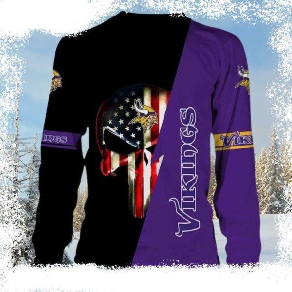 Vikings Christmas Sweater – Logo Print With Skull And American Flag Pattern - available at - rugbyfanstore.com