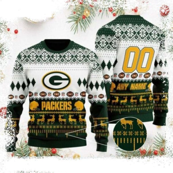 White Green Custom Name And Number On Packers Ugly Christmas Sweater - available at - rugbyfanstore.com