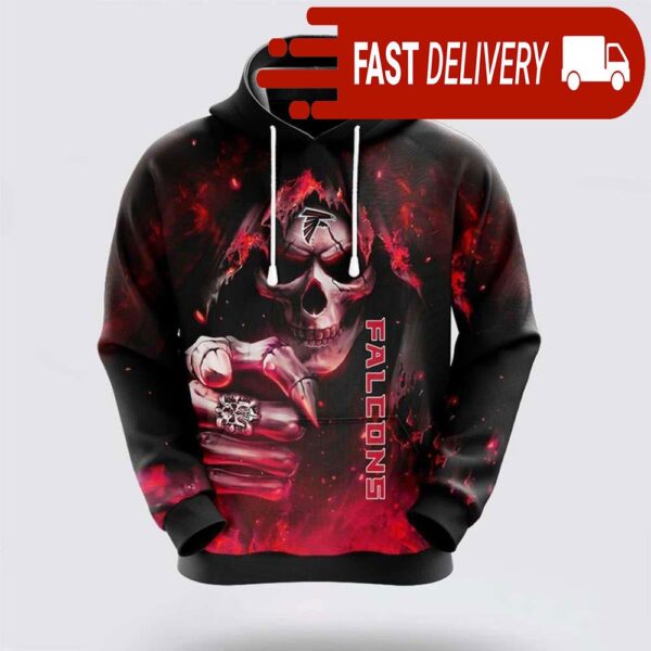 Atlanta Falcons Skeleton Skull Pointing Halloween NFL Hoodie Gifts for Fans - available at - rugbyfanstore.com