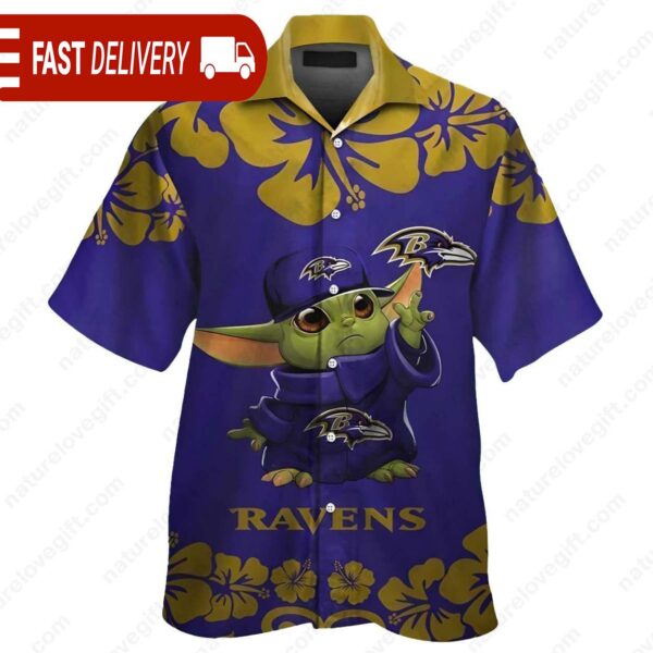 Baby Yoda Hibiscus Baltimore Ravens Hawaiian Shirt NFL Gifts - available at - rugbyfanstore.com