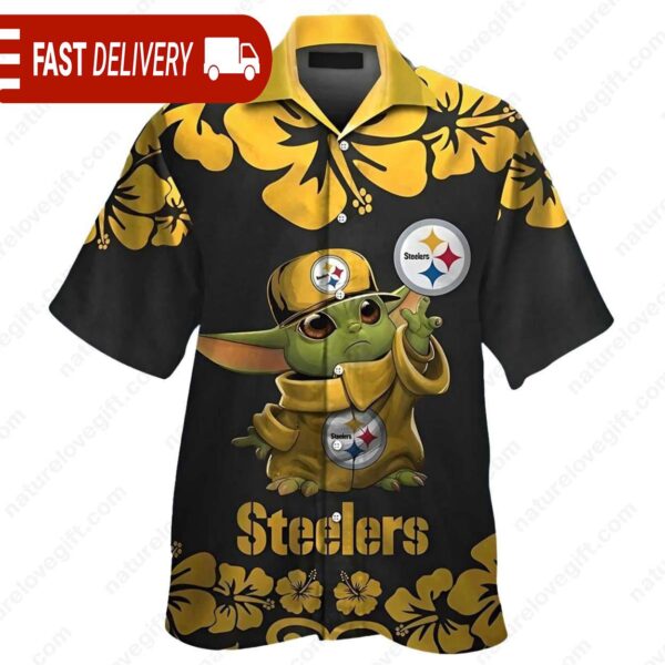 Baby Yoda Hibiscus Pittsburgh Steelers Hawaiian Shirt NFL Gifts - available at - rugbyfanstore.com