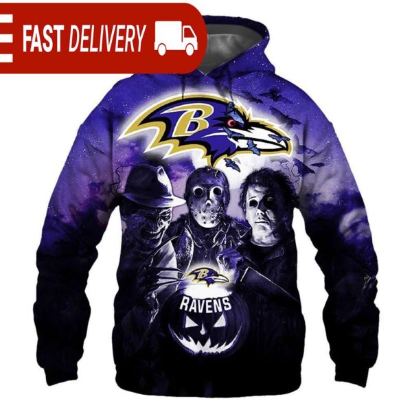 Baltimore Ravens Horror Night Freddy Jason Michael Myers Hoodie Halloween NFL Gifts - available at - rugbyfanstore.com