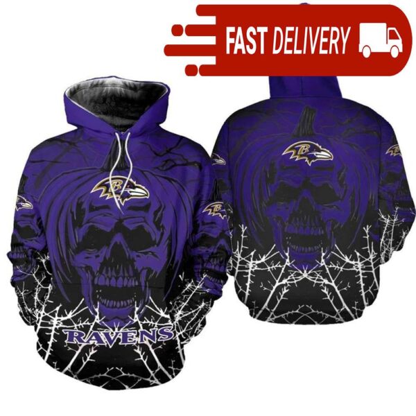 Baltimore Ravens Pumpkin Skull 3D Halloween Hoodie Best NFL Gifts for Fans - available at - rugbyfanstore.com