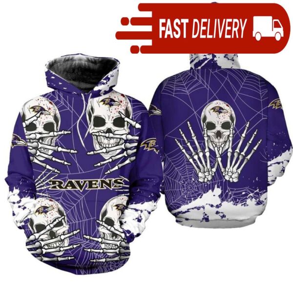 Baltimore Ravens Skull 3D Hoodie for Halloween Best NFL Gifts for Fans - available at - rugbyfanstore.com