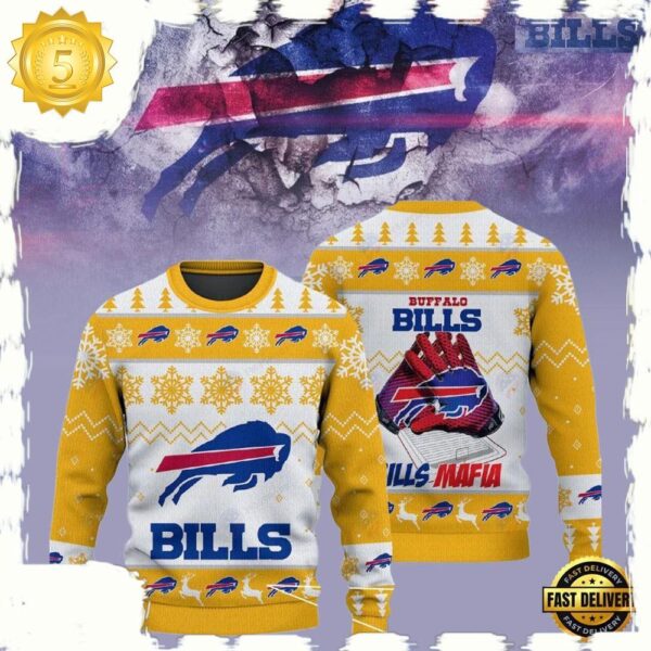 Buffalo Bills Bills Mafia NFL Yellow White Christmas Ugly Sweater - available at - rugbyfanstore.com