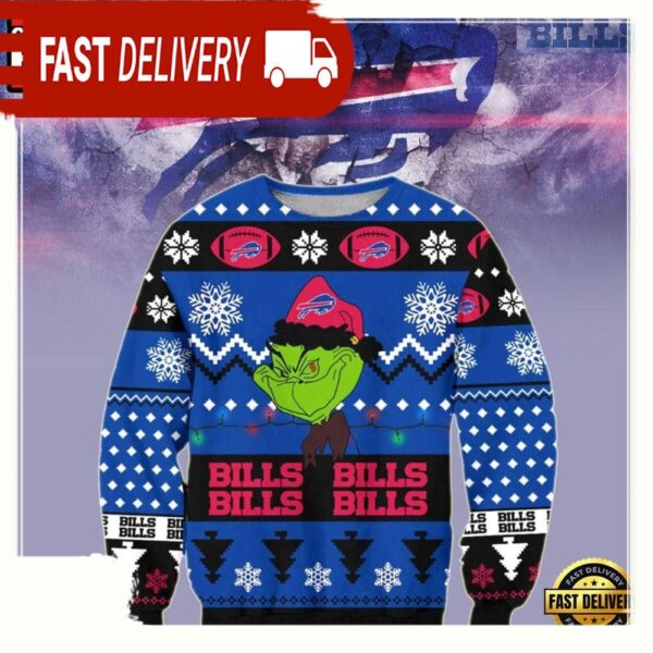 Buffalo Bills Grinch Cunningly Smile NFL Ugly Christmas Sweater - available at - rugbyfanstore.com