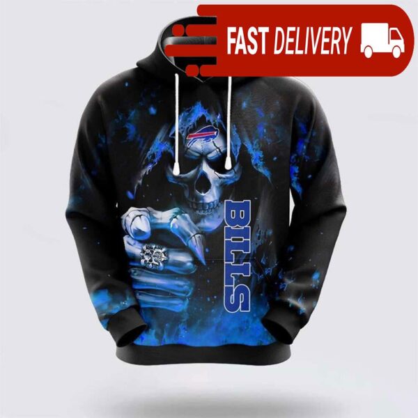 Buffalo Bills Skeleton Skull Pointing Halloween NFL Hoodie Gifts for Fans - available at - rugbyfanstore.com