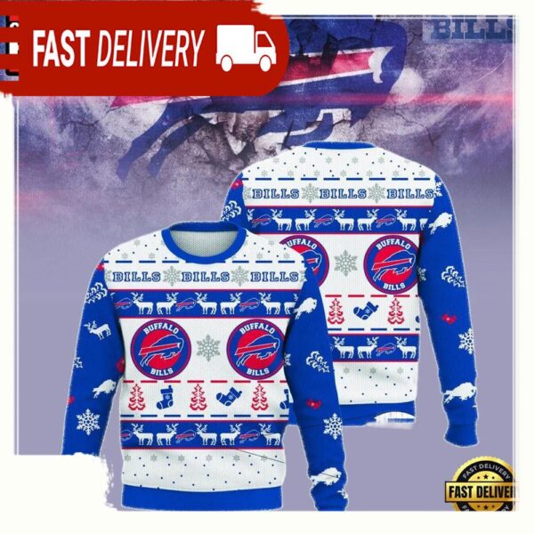 Buffalo Bills Snowflake Christmas Tree Stockings Pattern Blue NFL Christmas Ugly Sweater - available at - rugbyfanstore.com