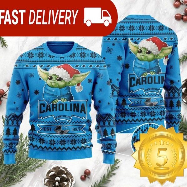 Carolina Panthers Baby Yoda Grogu NFL Ugly Christmas Sweater - available at - rugbyfanstore.com