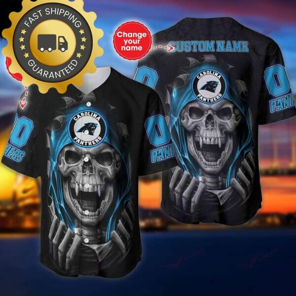 Carolina Panthers Custom NFL Jersey Skull Personalized Baseball Jersey - available at - rugbyfanstore.com