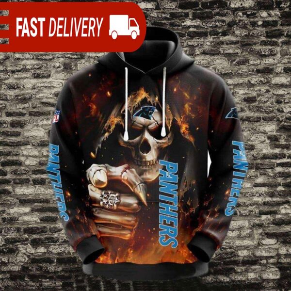 Carolina Panthers Skeleton Skull Pointing Halloween NFL Hoodie Gifts for Fans - available at - rugbyfanstore.com